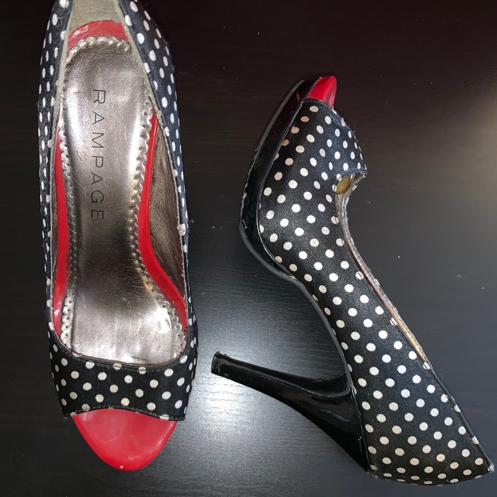 Rampage polka dot white black and red heels 4”